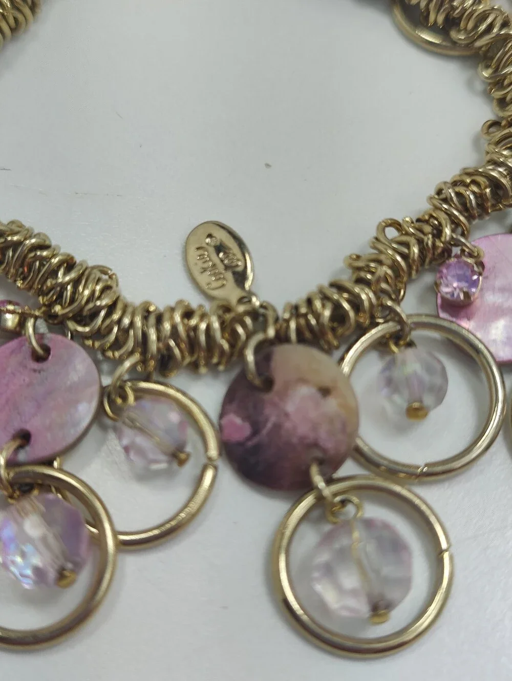 Cookie Lee Pink Rhinestone Iridescent Charm Bracelet Gold Tone Stretch Statement